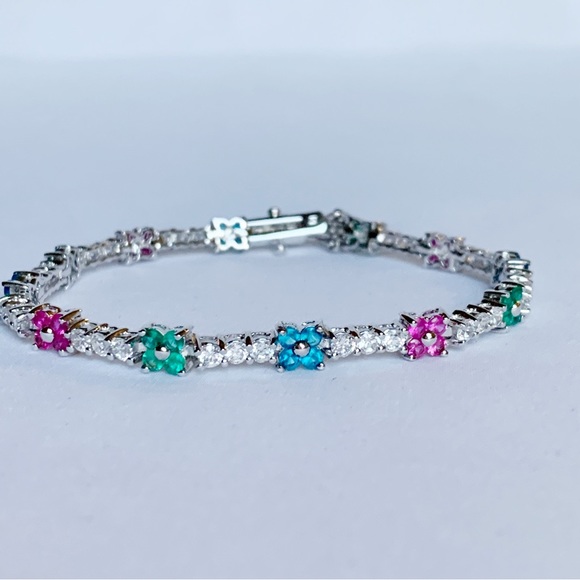FANCY 10K White Gold Plated Pink Green Blue Flowers Crystal Tennis Bracelet - Picture 6 of 10